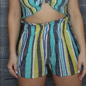 Blue and Green Striped Flowy Shorts Set